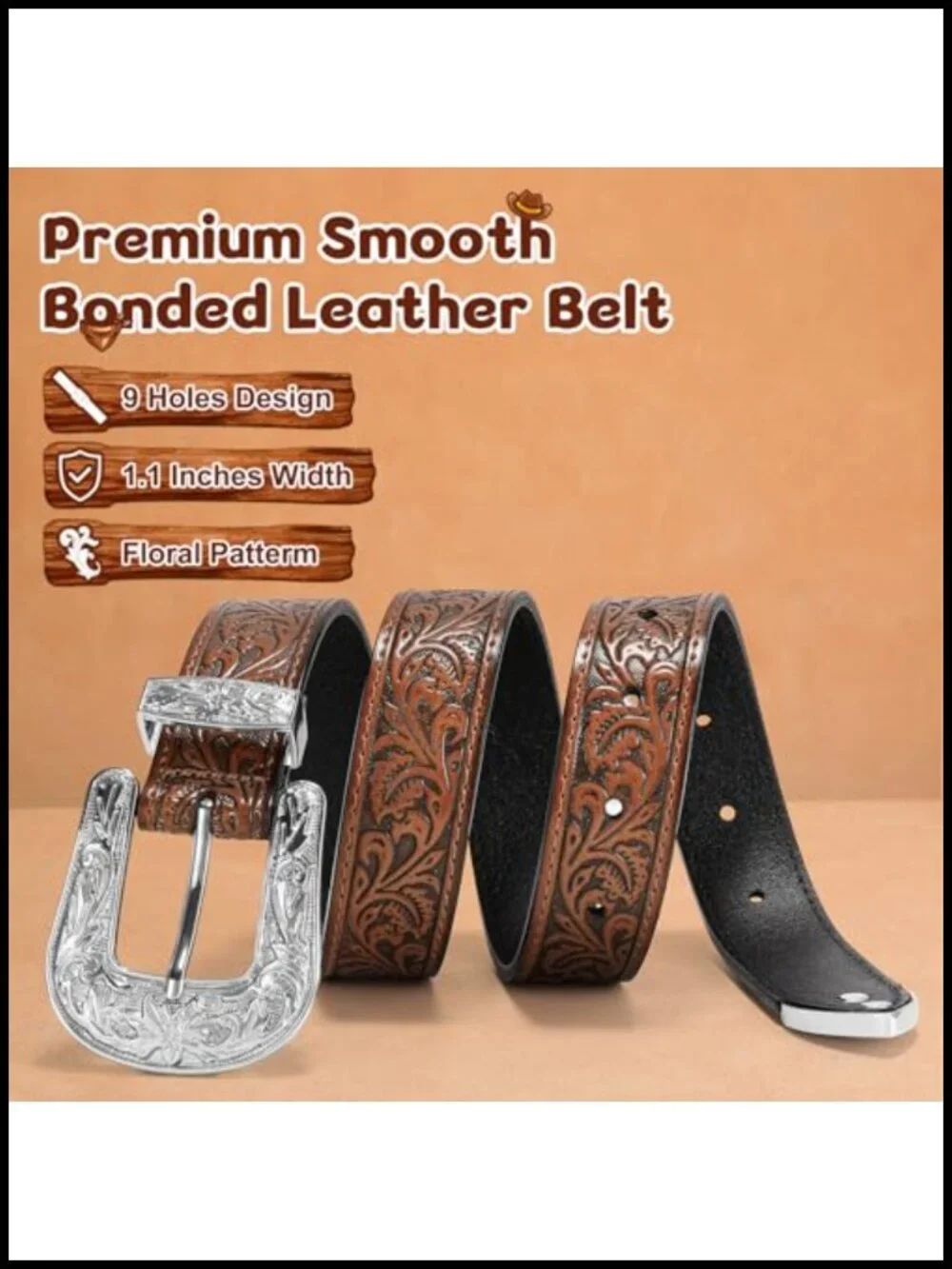 Kids Western Leather Belt with Floral Buckle, Adjustable Cowboy Belt for Boys &